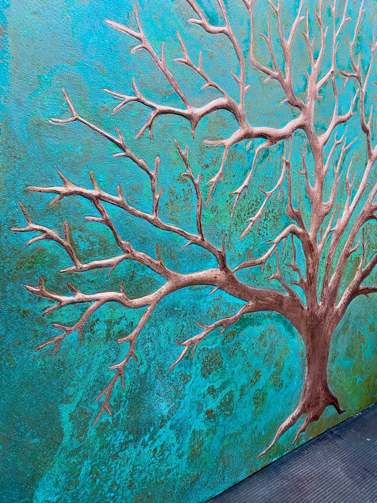 Tree of Life Copper Backsplash in Green Patina