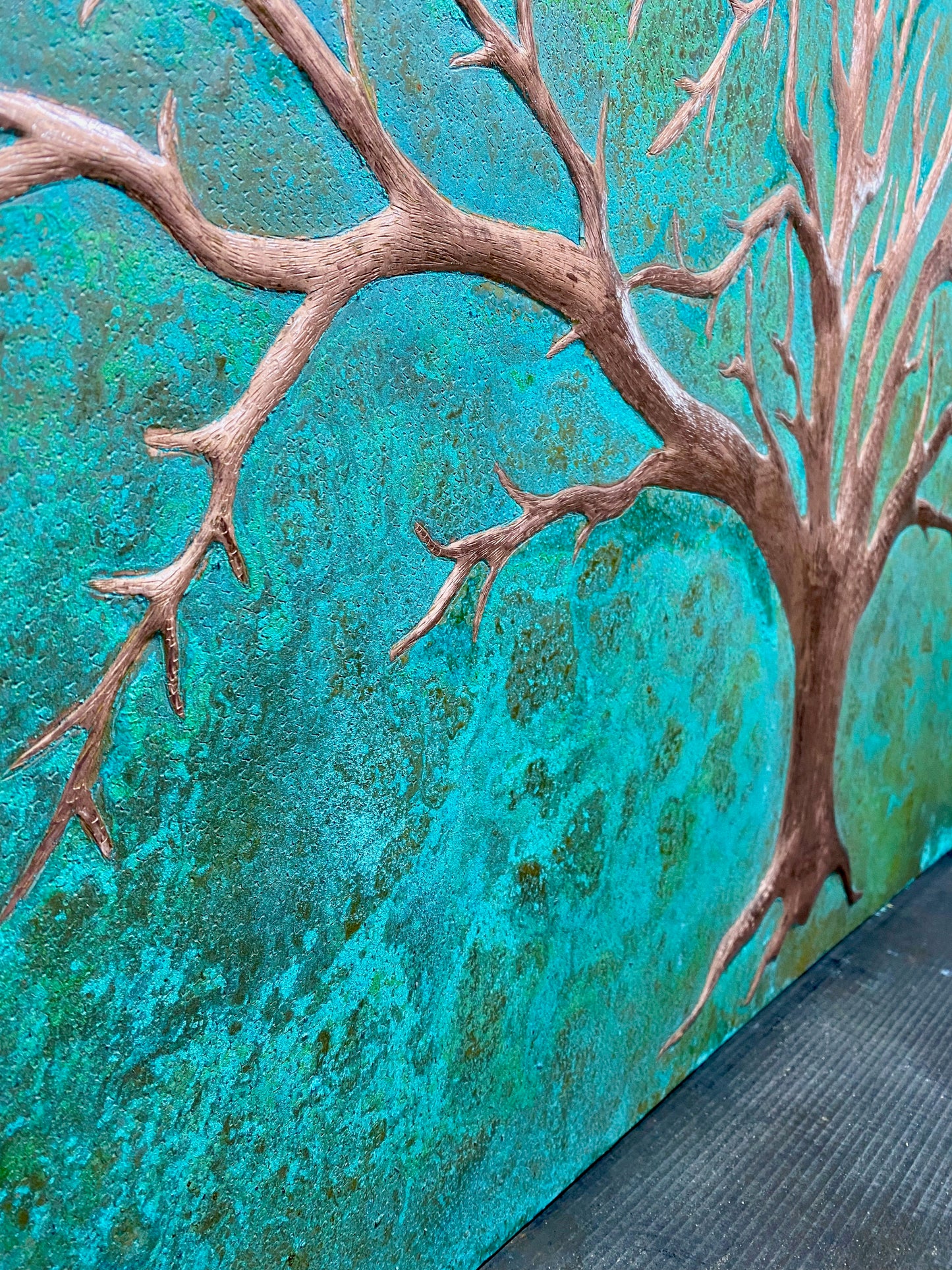 Tree of Life Copper Backsplash in Green Patina