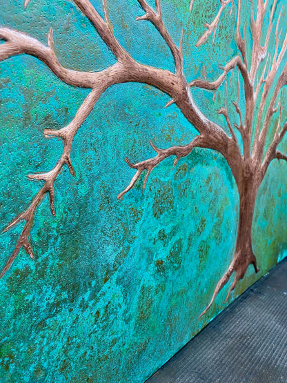 Tree of Life Copper Backsplash in Green Patina