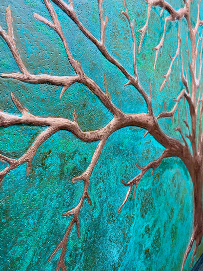 Tree of Life Copper Backsplash in Green Patina