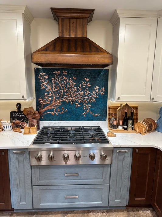 Blue Copper Tree Branches Backsplash | Artistic Handmade Copper Kitchen Backsplash Panel - Natuross