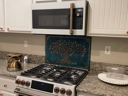 Copper Backsplash Panel (Celtic Tree of Life with Border, Blue Patina)