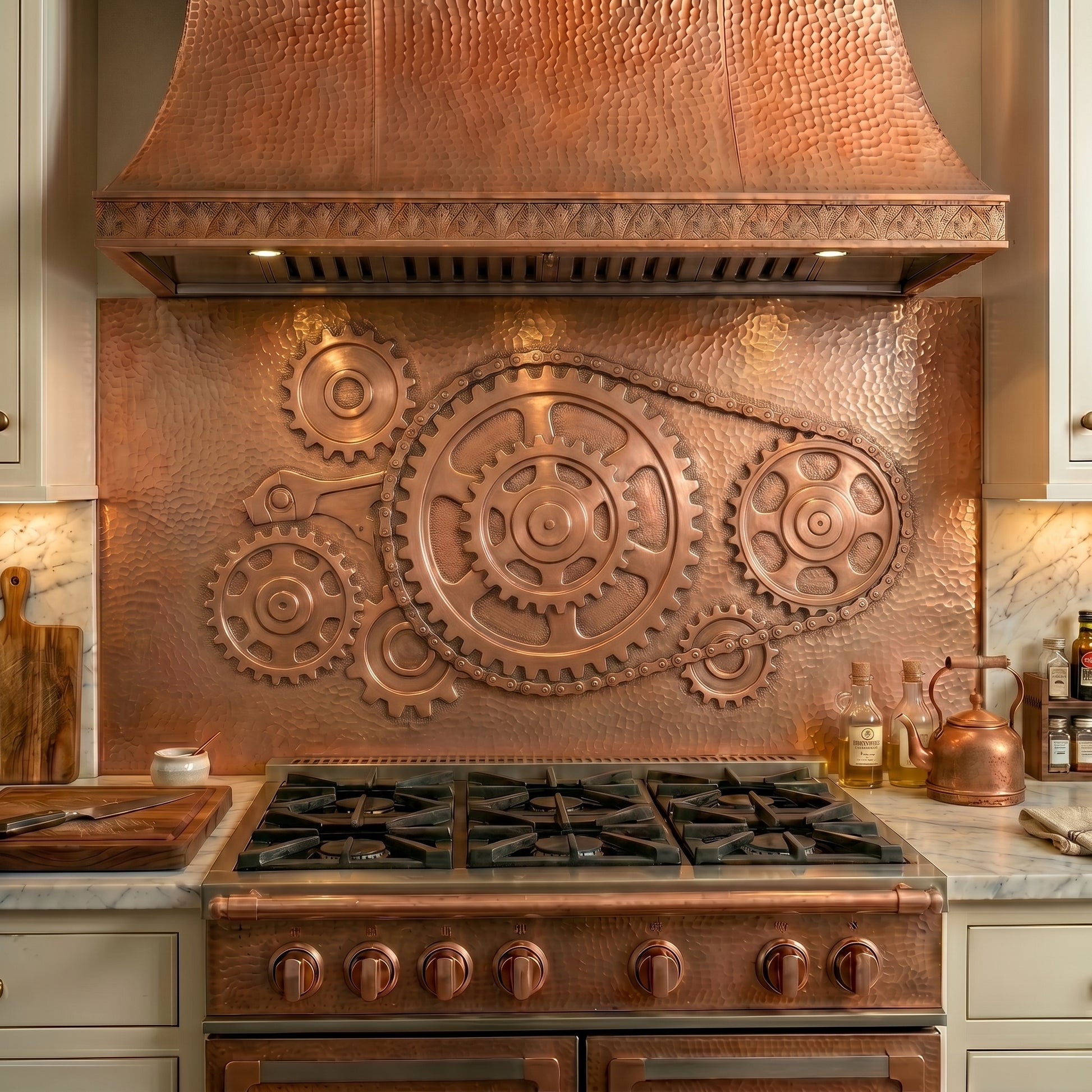 Handcrafted Industrial Style Copper Kitchen Backsplash featuring gears, cogs, and mechanical machinery details. Made from real copper for industrial kitchens, lofts, workshops, modern homes, restaurants, and feature walls.