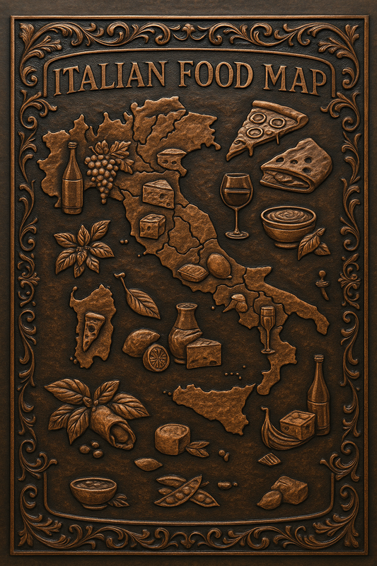 Italian Food Map Copper Kitchen Backsplash – Embossed Culinary Wall Art - Natuross
