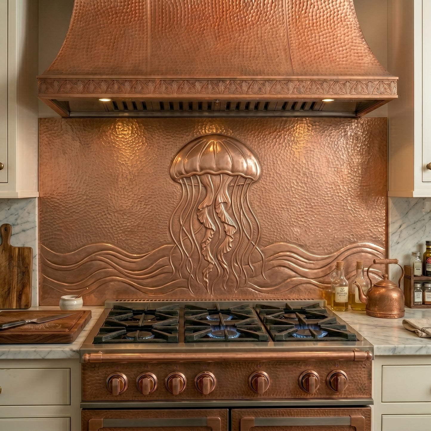 Handcrafted jellyfish copper kitchen backsplash featuring flowing tentacles and ocean-inspired raised copper relief. A beautiful focal point for coastal kitchens, beach houses, waterfront homes, and nautical interiors.