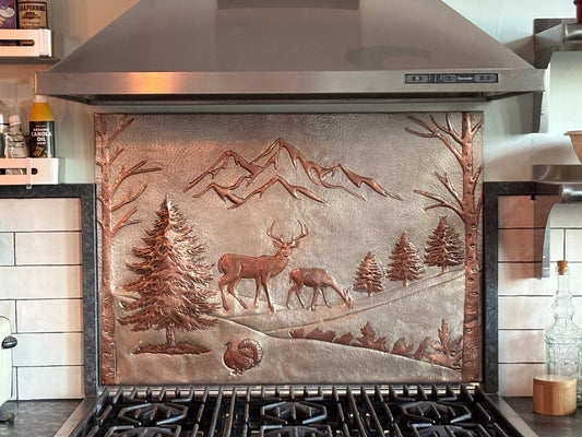 Mountain Pines & Deer Copper Backsplash — Silver–Copper