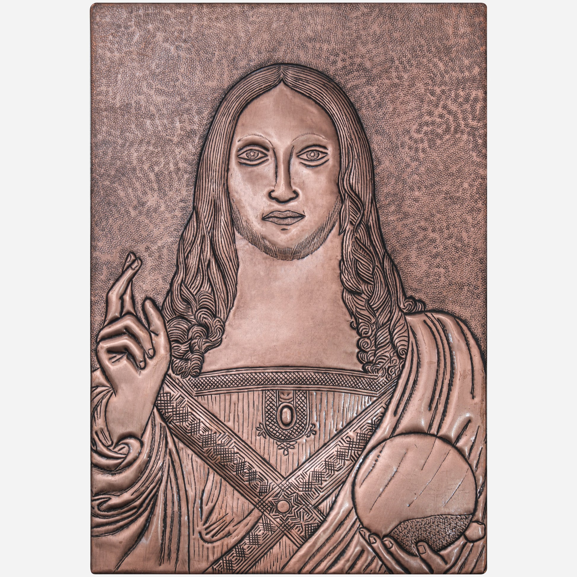 Copper "Salvador Mundi" Reproduction Handmade Art Tile 17.3"x11.8" - Natuross