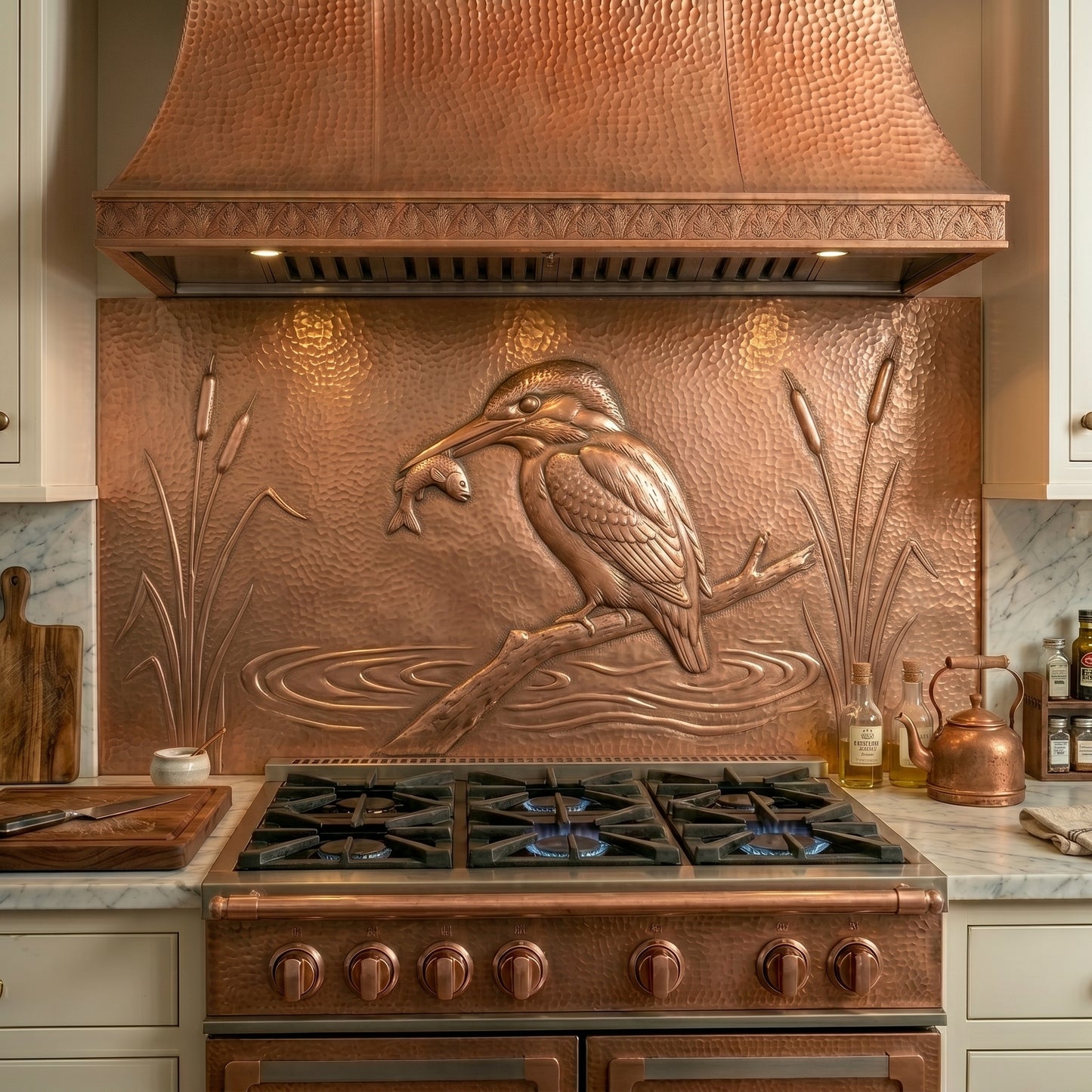 Handcrafted kingfisher copper kitchen backsplash featuring raised copper relief, rippling water, and cattails. A distinctive focal point for lake houses, waterfront homes, cottage kitchens, and nature-inspired interiors.