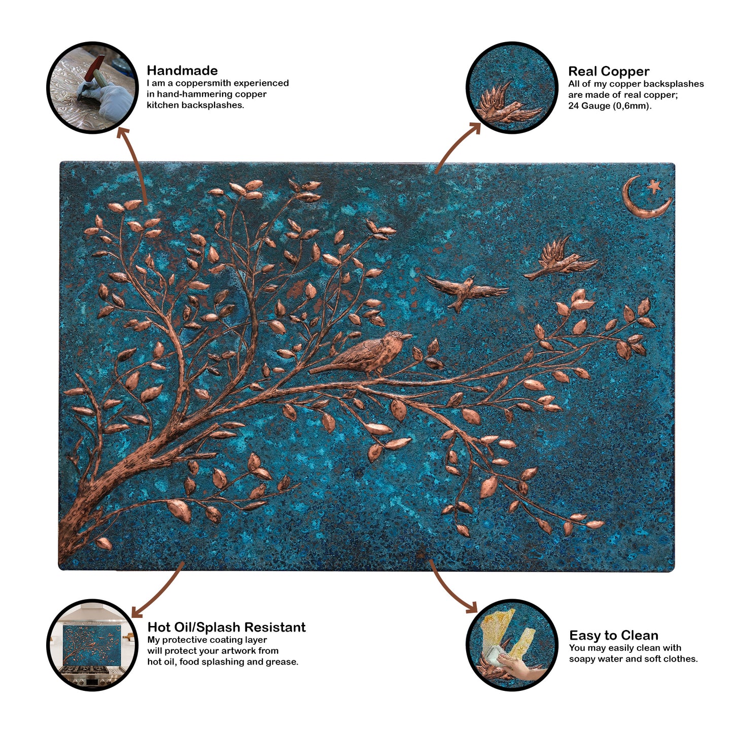 Copper Backsplash (Tree Branches, Crescent and Star, Blue Patina)