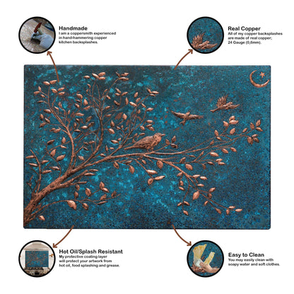 Copper Backsplash (Tree Branches, Crescent and Star, Blue Patina)