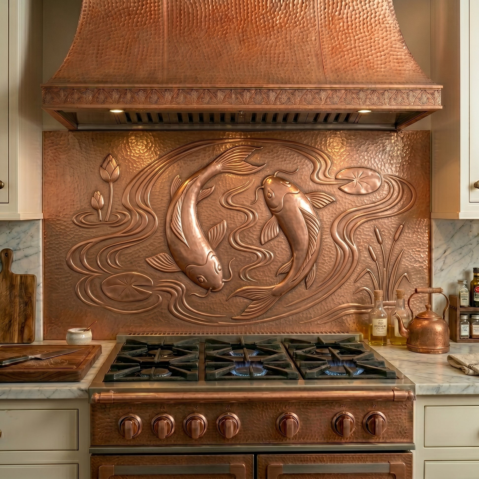 Handcrafted koi fish copper kitchen backsplash featuring flowing water, lotus elements, and raised copper relief. Ideal for Japandi kitchens, Zen-inspired interiors, luxury homes, and custom copper wall art.