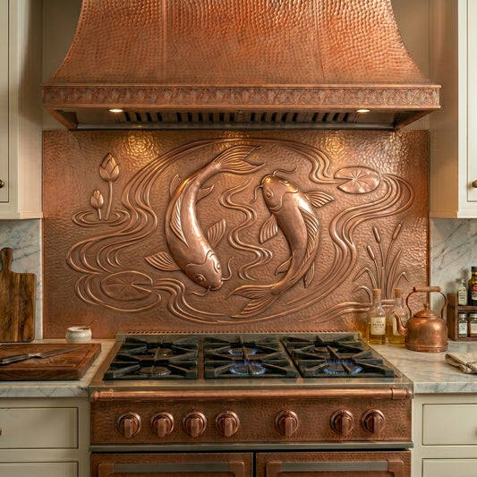 Handcrafted koi fish copper kitchen backsplash featuring flowing water, lotus elements, and raised copper relief. Ideal for Japandi kitchens, Zen-inspired interiors, luxury homes, and custom copper wall art.