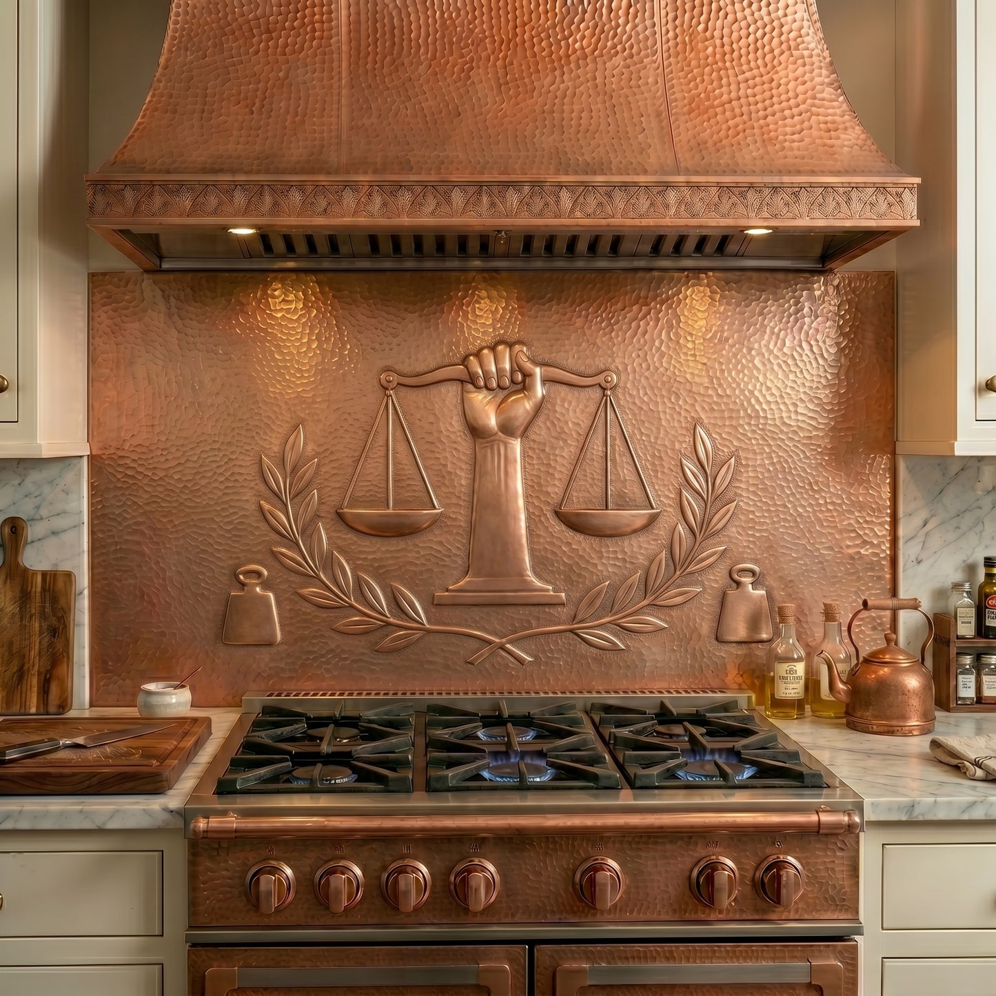 Handcrafted copper stove backsplash featuring Lady Justice scales, symbolic balance weights, and laurel branches. Order a single backsplash panel behind the stove or a complete custom copper kitchen backsplash with matching side panels beneath surrounding cabinets. Available in custom sizes, finishes, and installation options.