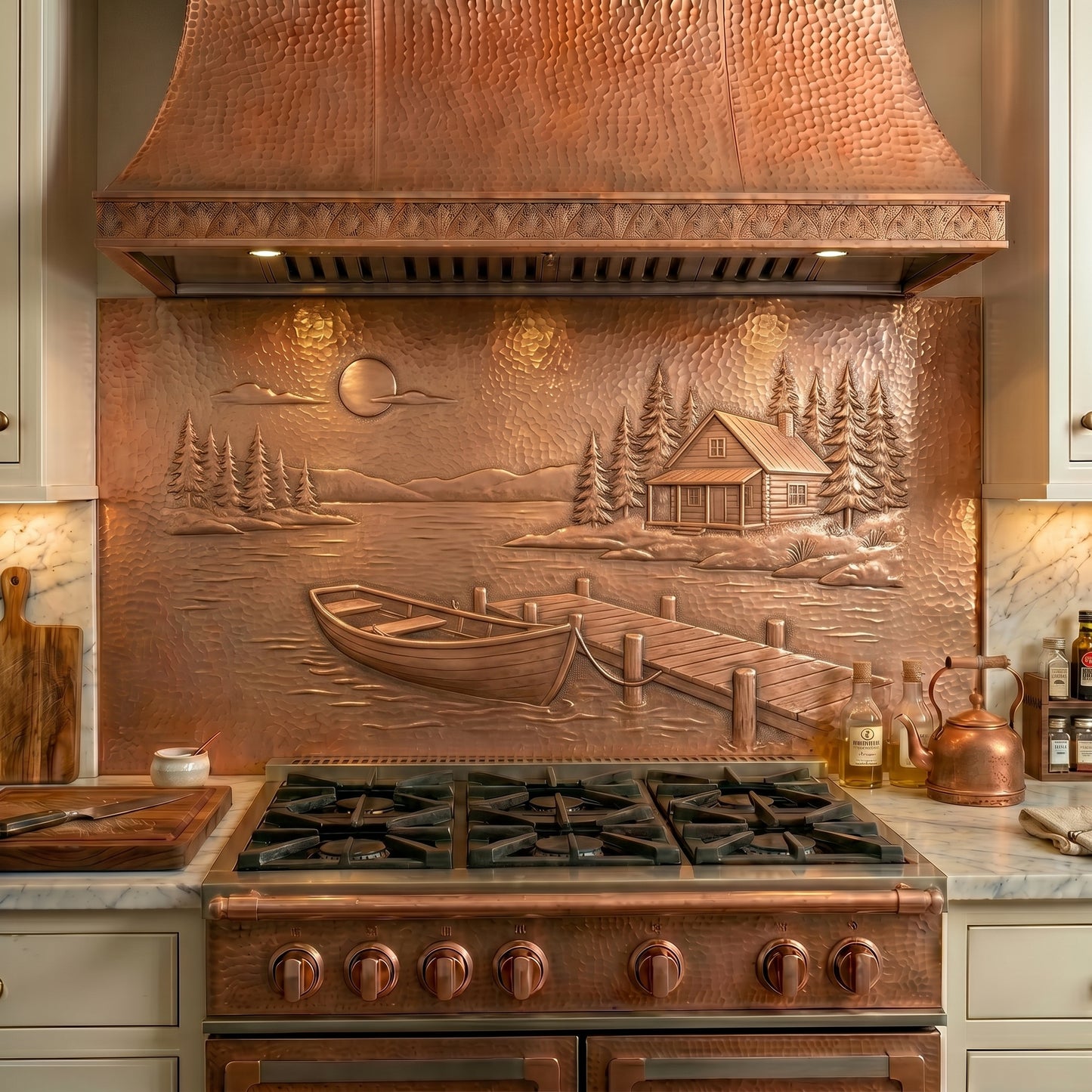Handmade Lake House Style Copper Kitchen Backsplash crafted from real copper. Features a lakeside cabin, dock, rowboat, pine trees, and calm water. Custom sizes available for stove backsplashes, lake houses, cabins, fireplaces, and feature walls.
