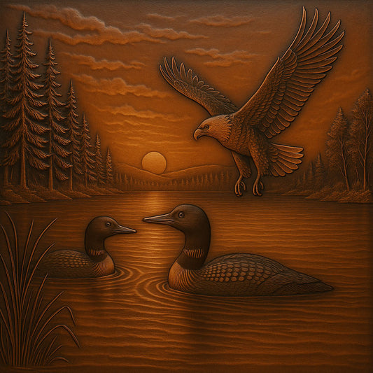 Lake Scene with Loons & Eagle — Hand-Hammered Copper, Brass & Silver Wall Art Panel