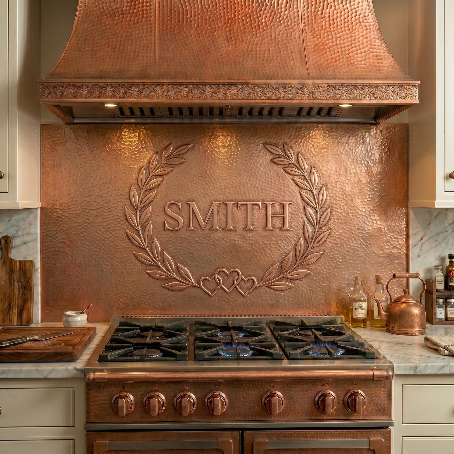 Custom family name copper stove backsplash featuring an elegant laurel wreath design. Handmade copper kitchen backsplash personalized with your surname, established date, or family wording.