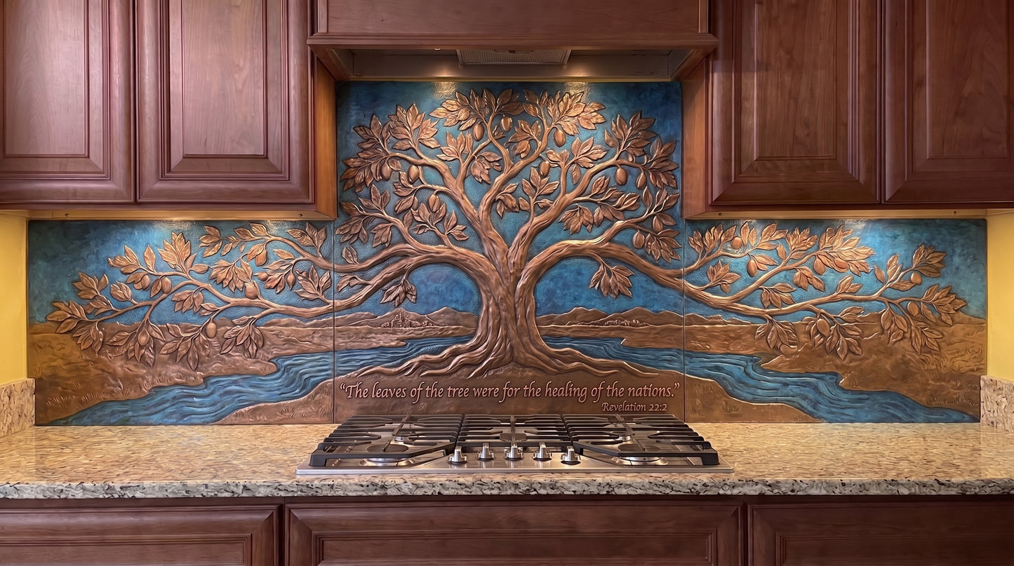 Leaves of the Tree of Life Copper Kitchen Backsplash — Revelation 22:2