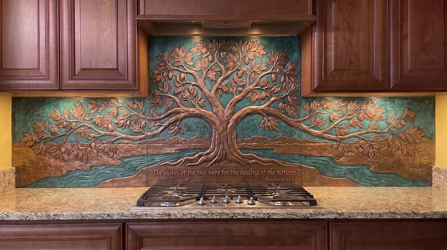 Leaves of the Tree of Life Copper Kitchen Backsplash — Revelation 22:2