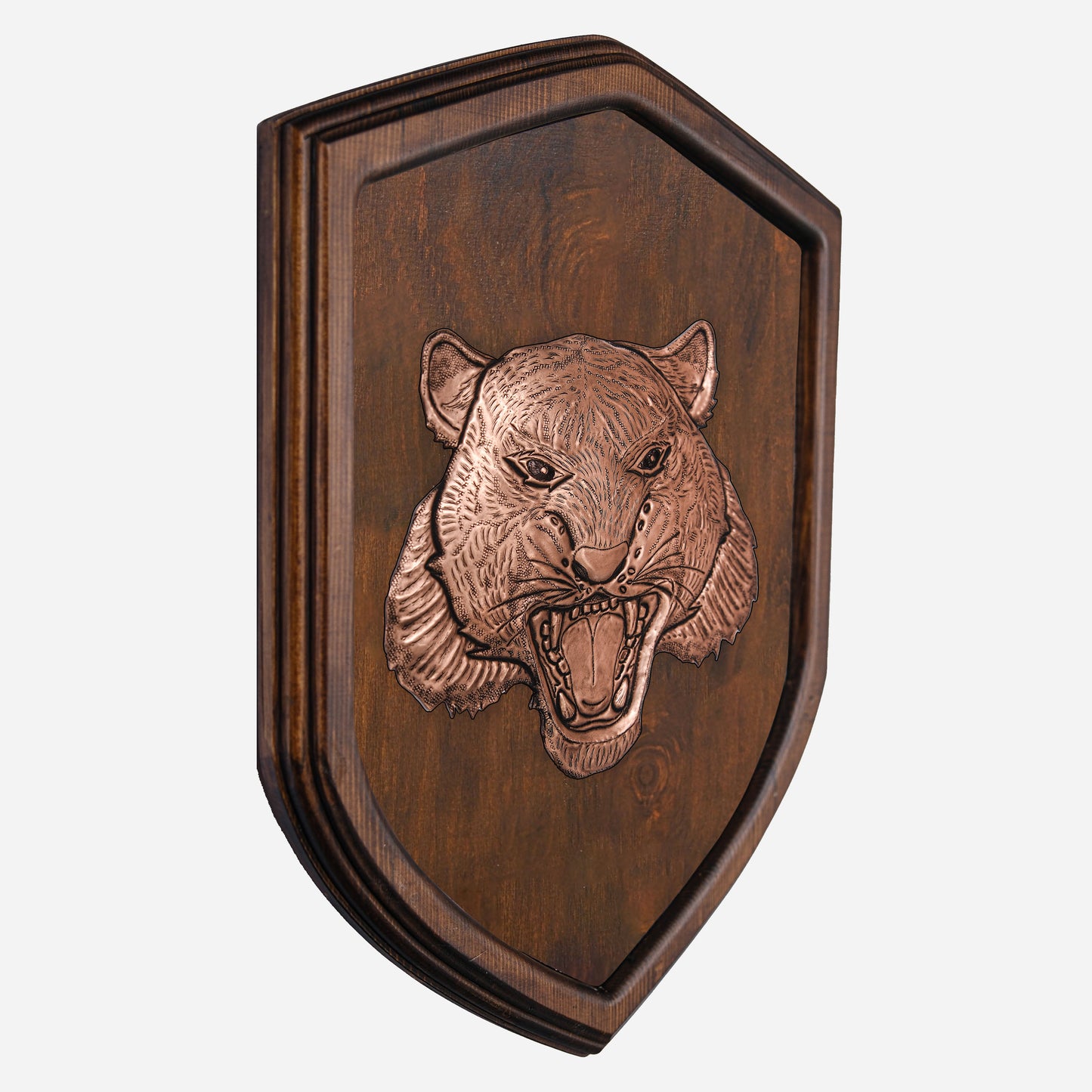 Copper Leopard Head on Wood Plaque