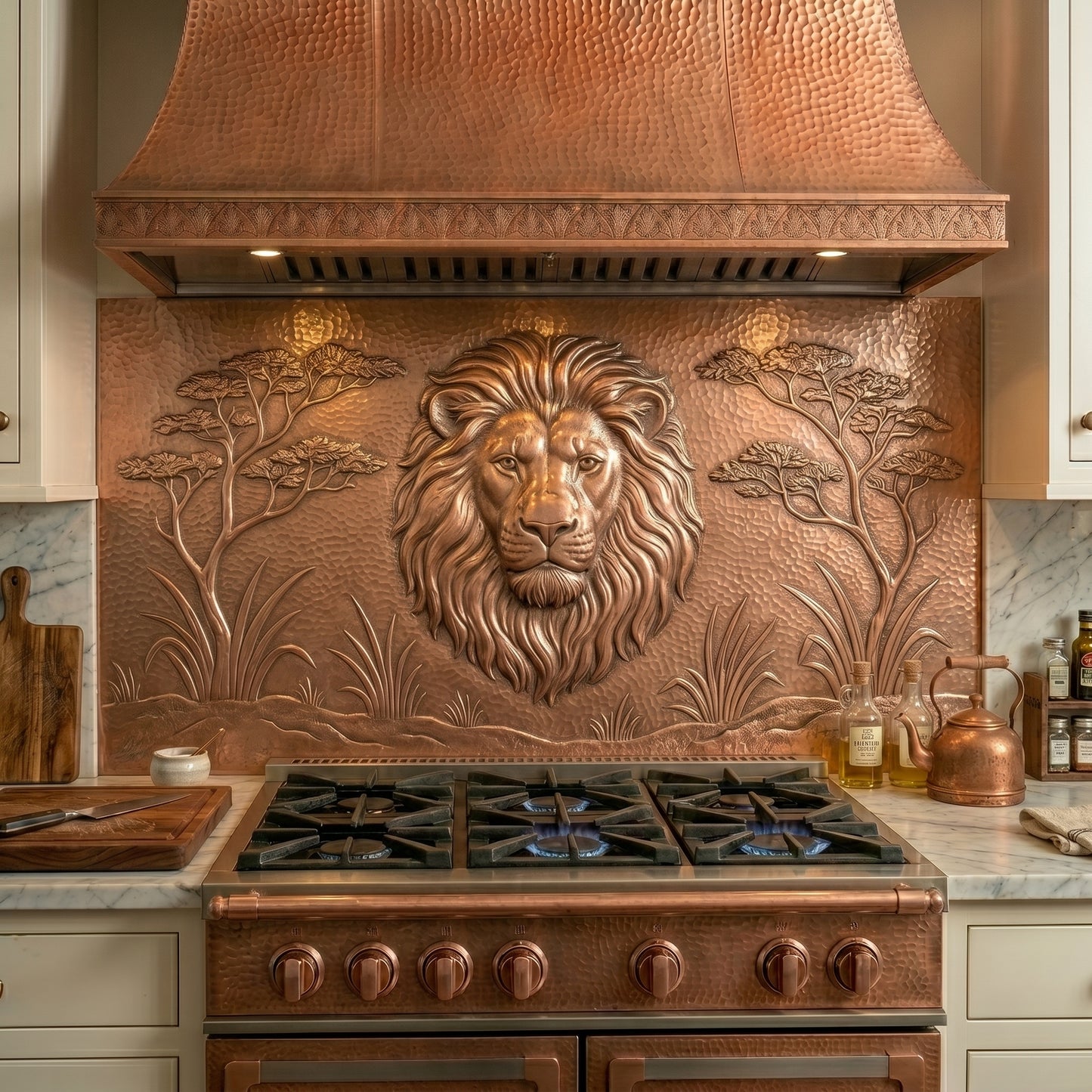 Handmade lion copper kitchen backsplash  behind the stove. Custom copper wall art for luxury kitchens, safari decor, lodge interiors, and statement walls.