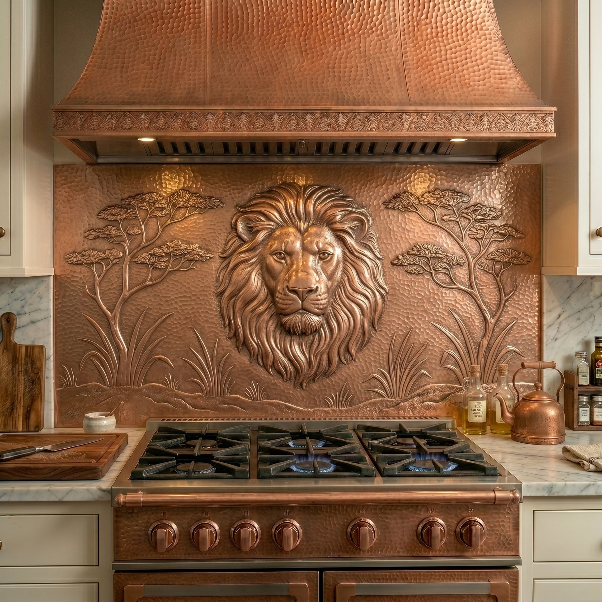 Handmade lion copper kitchen backsplash  behind the stove. Custom copper wall art for luxury kitchens, safari decor, lodge interiors, and statement walls.