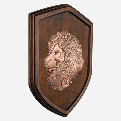 Copper Lion Head on Wood Plaque