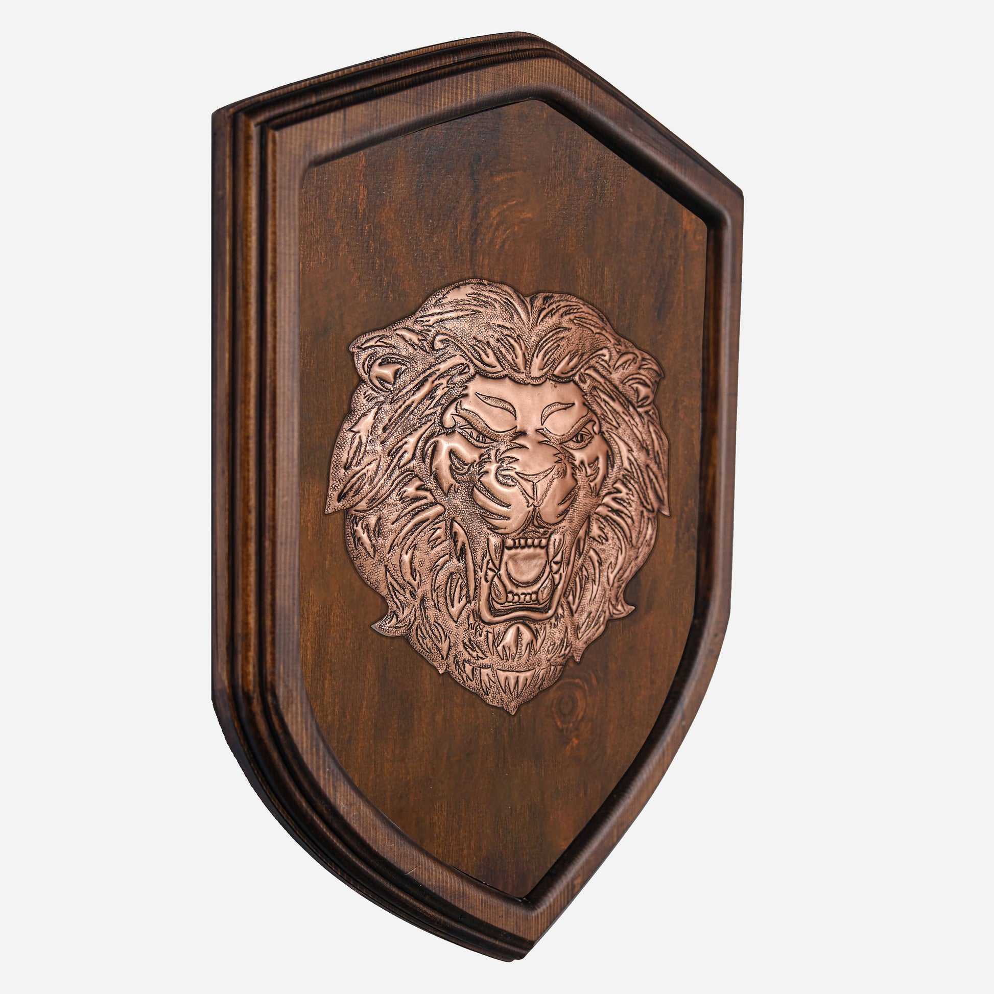 Copper Roaring Lion Head on Wood Plaque
