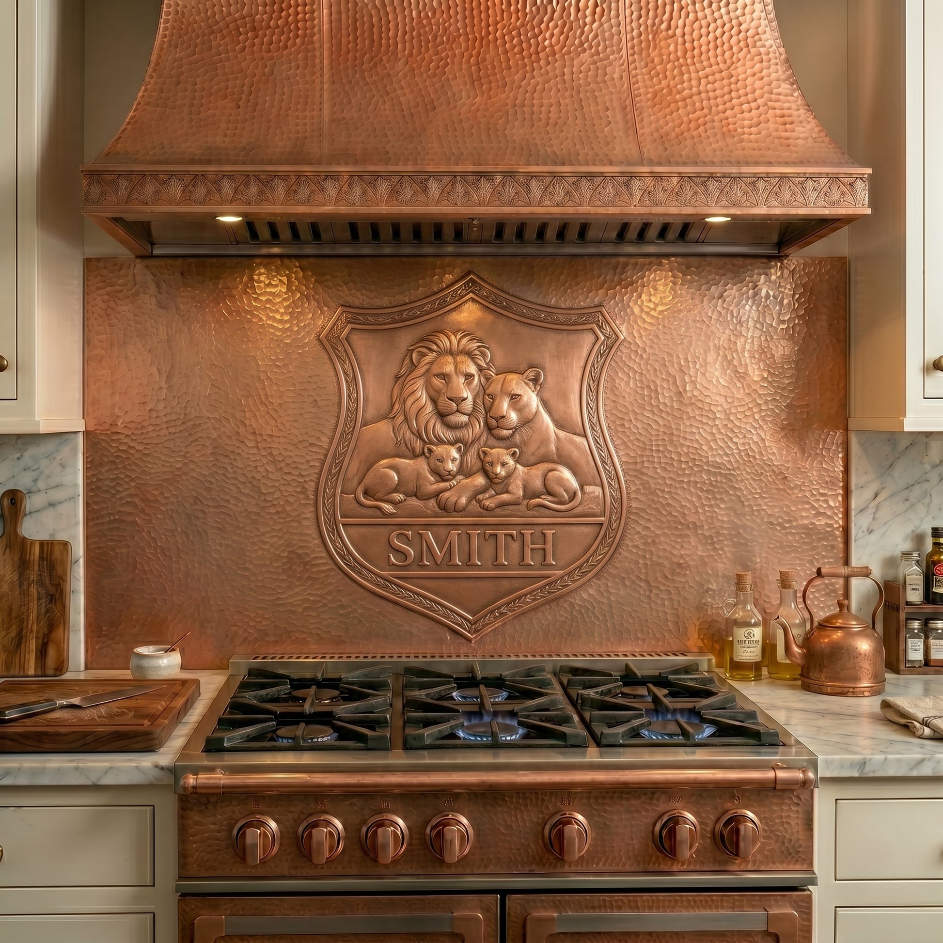 Personalized copper stove backsplash featuring a lion family crest, custom family name, and heraldic shield design. Handmade copper kitchen backsplash available in custom sizes and finishes.
