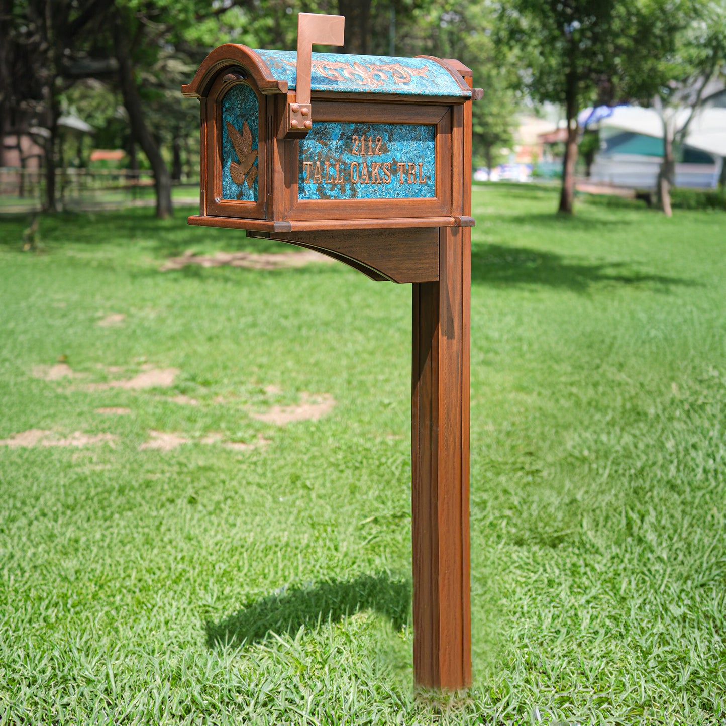 Post Mounted Copper Mailbox in Blue Patina