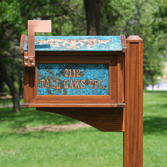 Post Mounted Copper Mailbox in Blue Patina