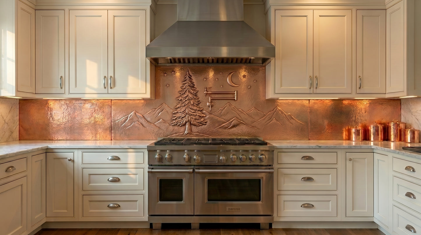 Made-to-measure copper kitchen backsplash featuring mountains, pine tree, moon, and night sky artwork. Handmade from real copper for custom stove backsplashes, range walls, mountain homes, cabins, and luxury kitchens.