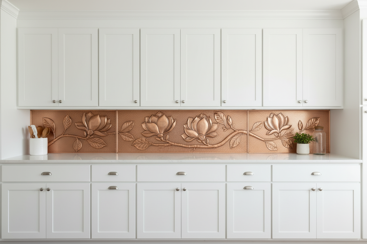 Three copper panels spanning full long counter wall in bright white Shaker kitchen — continuous magnolia branch with large blooms, buds and broad leaves in repoussé relief flowing across all three panels, warm natural copper tone matching magnolia reference, fine stipple background, realistic hairline seams, white shaker upper cabinets, white quartz countertop
