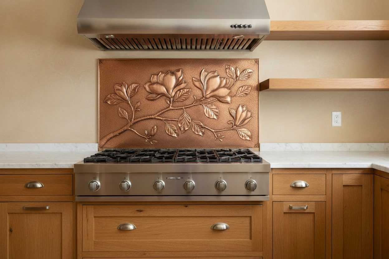 Single hand-hammered copper panel mounted on open wall behind range in warm transitional kitchen with no upper cabinets — magnolia branch repoussé relief with two open blooms, bud, and broad leaves sweeping diagonally, warm natural copper tone, fine stipple background texture, moderate smooth relief, white marble countertop, wood shaker cabinets, floating shelves