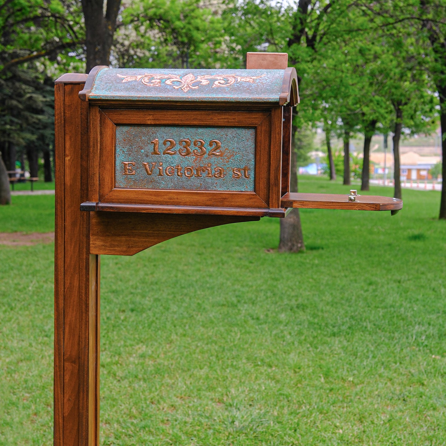 Post Mounted Copper Mailbox in Green Patina