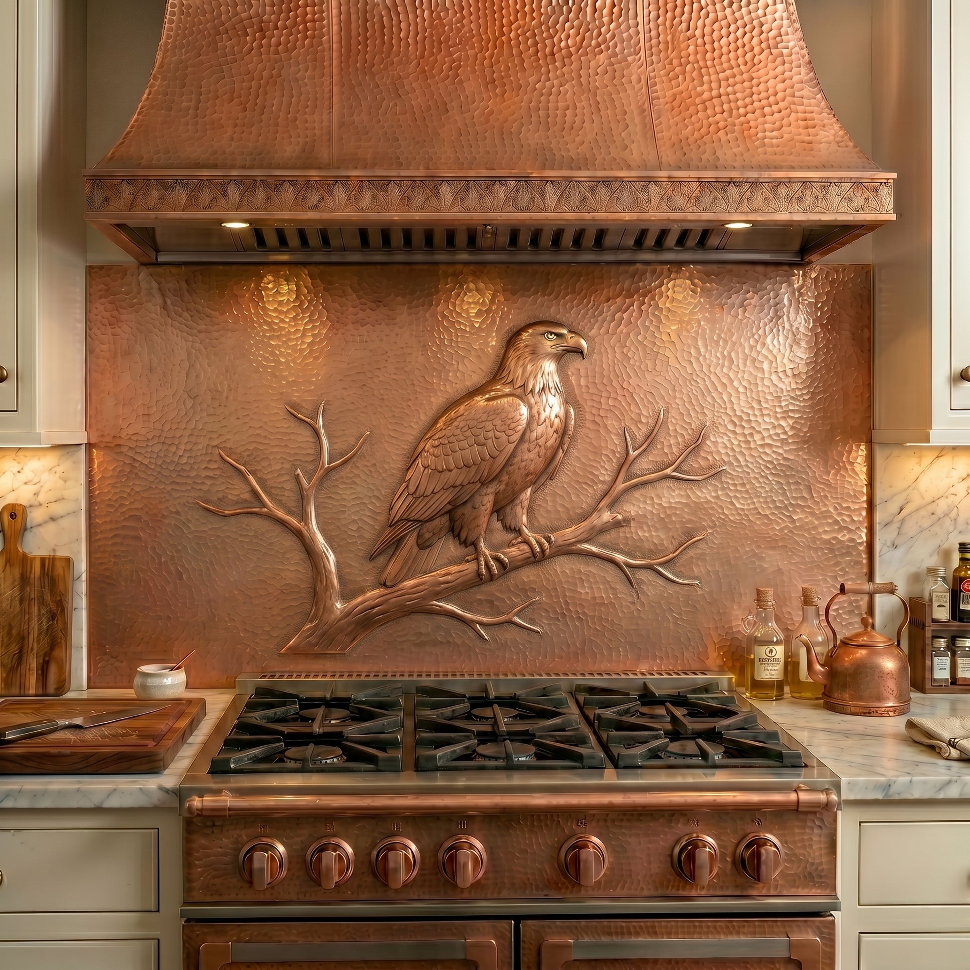 Handmade copper kitchen backsplash featuring a majestic bald eagle. Custom wildlife wall decor for cabins, lodges, rustic homes, and nature lovers.