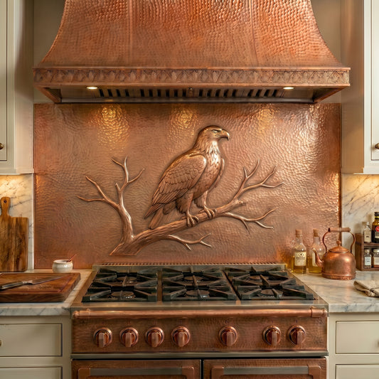 Handmade copper kitchen backsplash featuring a majestic bald eagle. Custom wildlife wall decor for cabins, lodges, rustic homes, and nature lovers.