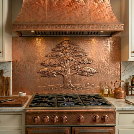Handmade Cedar Tree copper kitchen backsplash featuring a majestic evergreen tree design crafted from real copper. Custom sizes available for cabin, lodge, rustic, woodland, and nature-inspired kitchens.