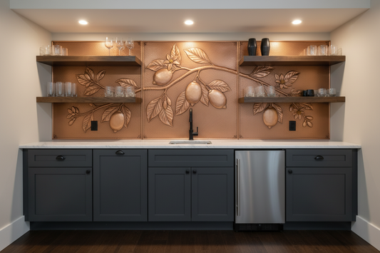 Handcrafted Mediterranean lemon copper wet bar backsplash featuring citrus branches, lemons, blossoms, and botanical copper artwork. Custom copper backsplash for wet bars, beverage centers, coffee stations, butler's pantries, entertainment spaces, and luxury home bars.