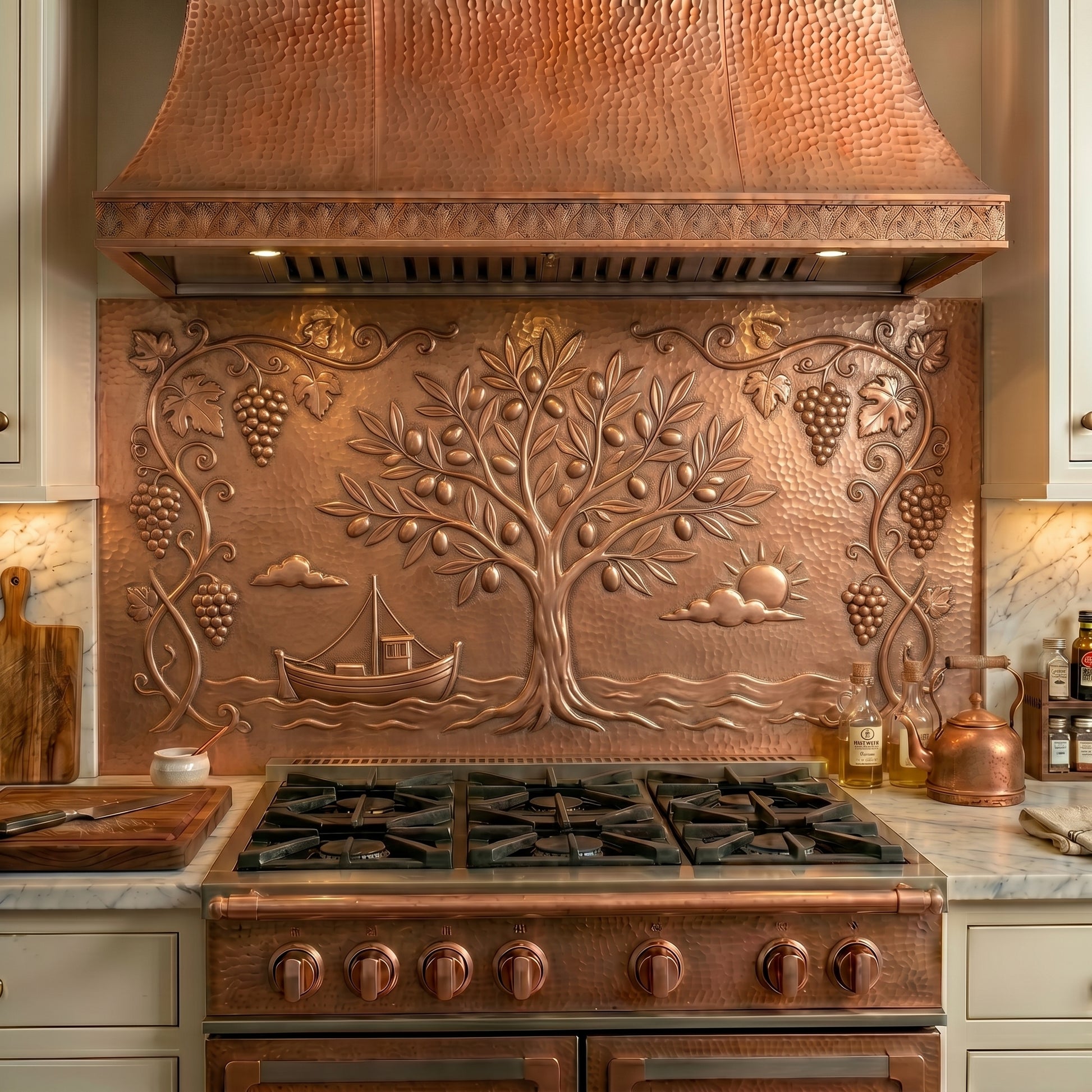 Handmade Mediterranean Style Copper Kitchen Backsplash crafted from real copper. Featuring olive trees, grapevines, coastal scenery, and Old World Mediterranean charm. Custom sizes available.
