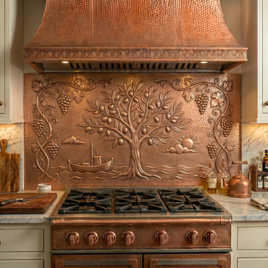Handmade Mediterranean Style Copper Kitchen Backsplash crafted from real copper. Featuring olive trees, grapevines, coastal scenery, and Old World Mediterranean charm. Custom sizes available.