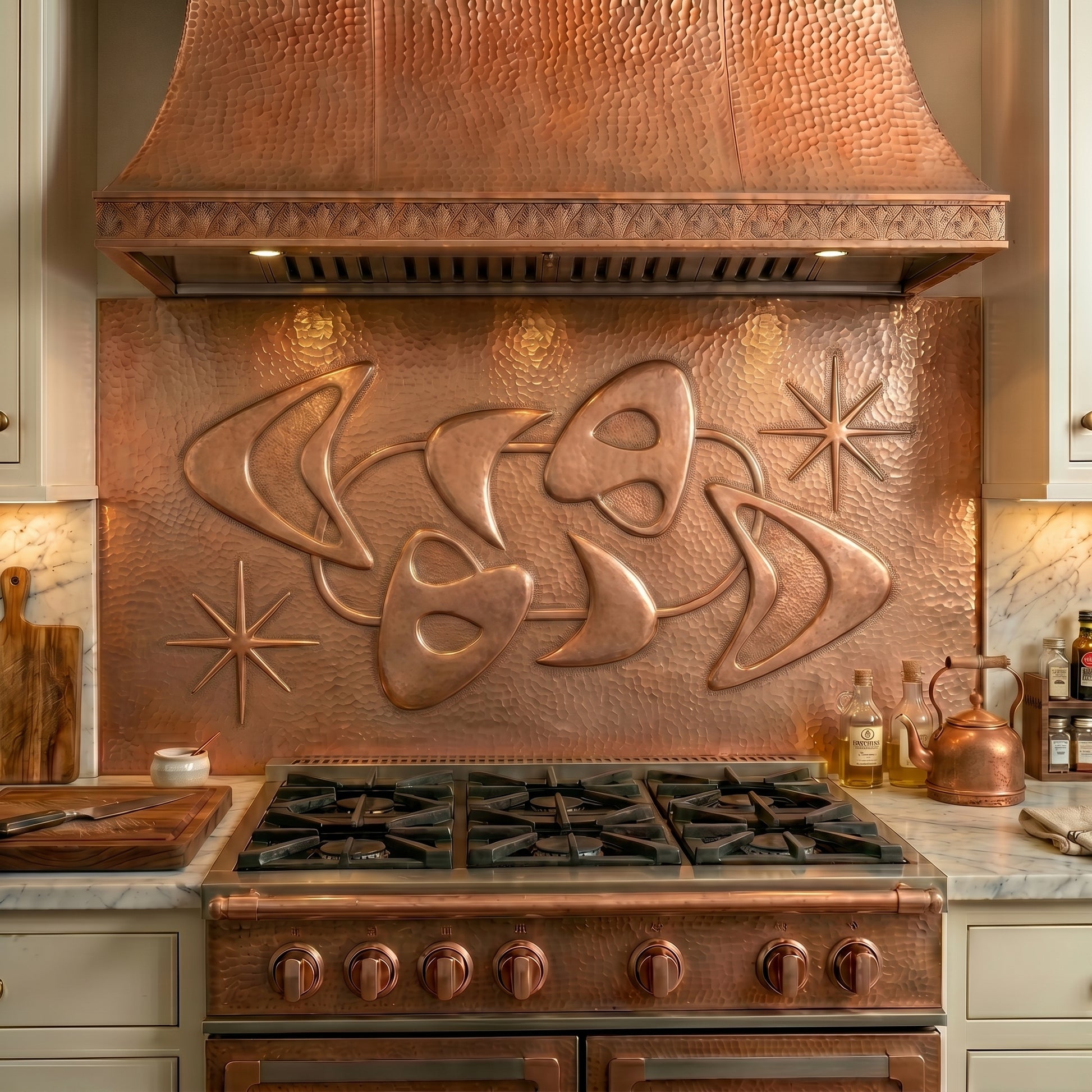 Handmade Mid-Century Modern Style Copper Kitchen Backsplash crafted from real copper. Featuring atomic starbursts, boomerang shapes, and iconic retro-modern design. Custom sizes available.