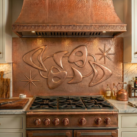 Handmade Mid-Century Modern Style Copper Kitchen Backsplash crafted from real copper. Featuring atomic starbursts, boomerang shapes, and iconic retro-modern design. Custom sizes available.