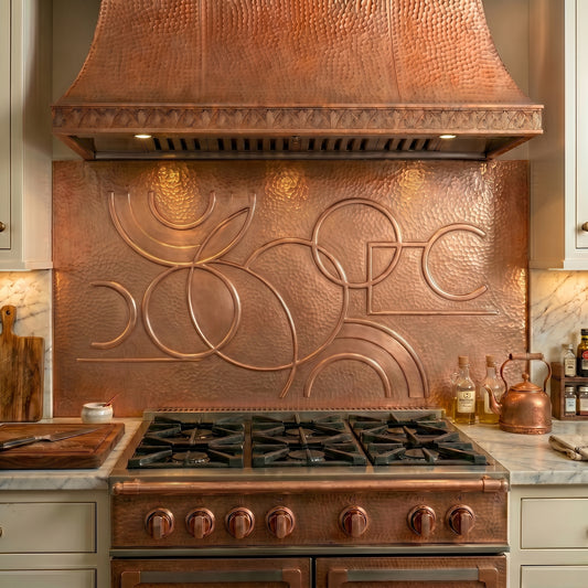 Handmade Minimalist Style Copper Kitchen Backsplash crafted from real copper. Clean geometric forms, contemporary design, and custom sizing. Perfect for modern minimalist kitchens and stove backsplash installations.