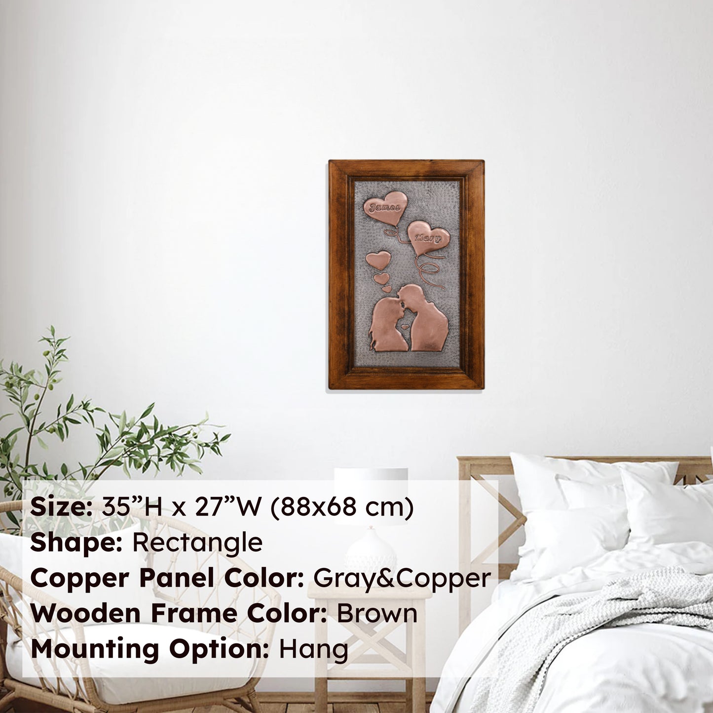 Valentine's Day Gift Framed Copper Artwork (Personalized, Hearts and Couple Silhouette, Gray&Copper Color) - Natuross