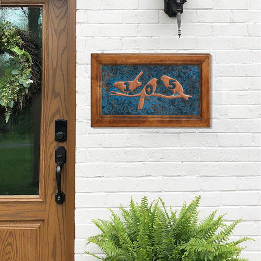 House Number Sign (Personalized, Wooden Framed Copper, Birds on Branch, Blue Patina) - Natuross