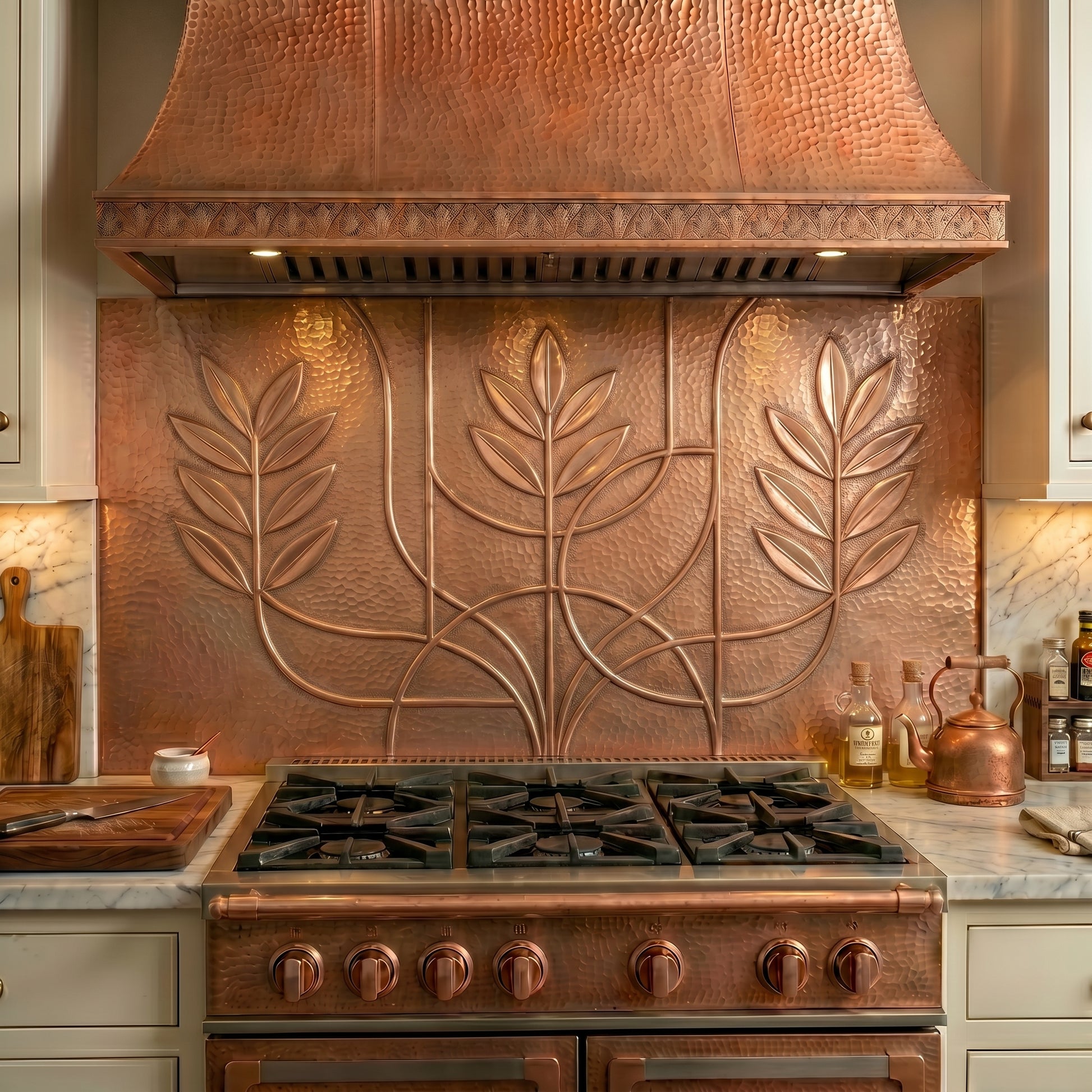 Handmade Modern Style Copper Kitchen Backsplash crafted from real copper. Contemporary botanical design with clean lines and custom sizing. Perfect for modern kitchens and stove backsplash installations.