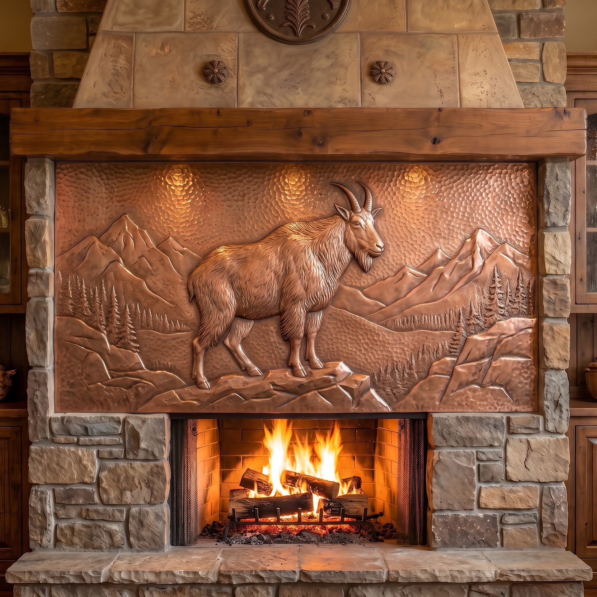 Hand-hammered mountain goat wall art made from real copper, displayed above a stone fireplace and featuring a mountain goat standing on a rocky ledge with mountain peaks, pine forests, and rugged alpine scenery in raised copper relief.