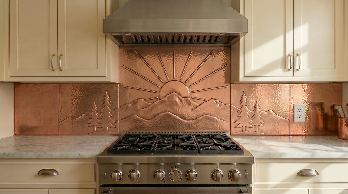 Handcrafted copper stove backsplash featuring mountain peaks, sunrise rays, and evergreen trees. Real copper kitchen backsplash designed for ranges and cooktops. Custom sizes and finishes available for single panels or complete backsplash installations.