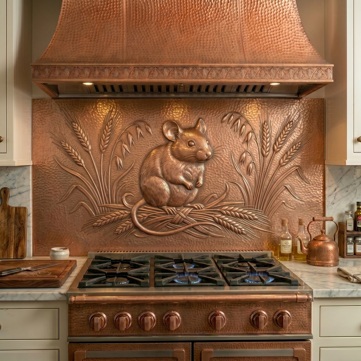 Custom copper kitchen backsplash featuring a hand-hammered mouse in raised copper relief. Farmhouse kitchen decor, cottage kitchen wall art, rustic wall decor, and custom copper backsplash panels in custom sizes and 15 finishes.