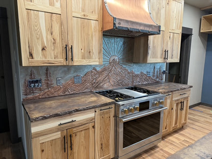 Multi-panel copper kitchen backsplash set with outlet cutouts and full-wall layout